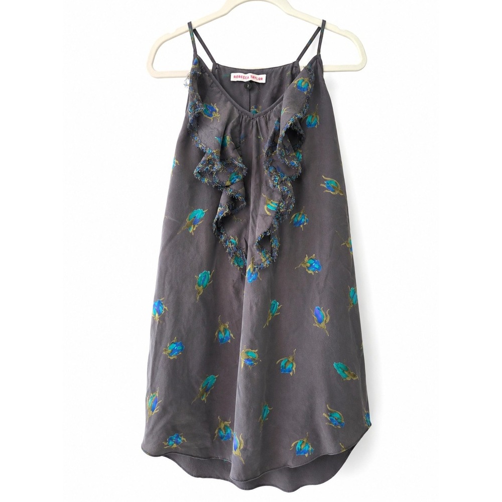 Rebecca Taylor 100% Silk Ruffle Floral Cami Tank Top Gray Blue Womens 2